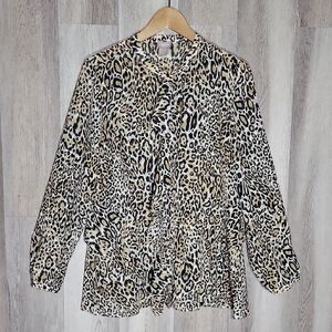 Chicos Womens 1 (8/10)‎ Animal Print Blouse Long Sleeve Tiered Ruffles Sheer